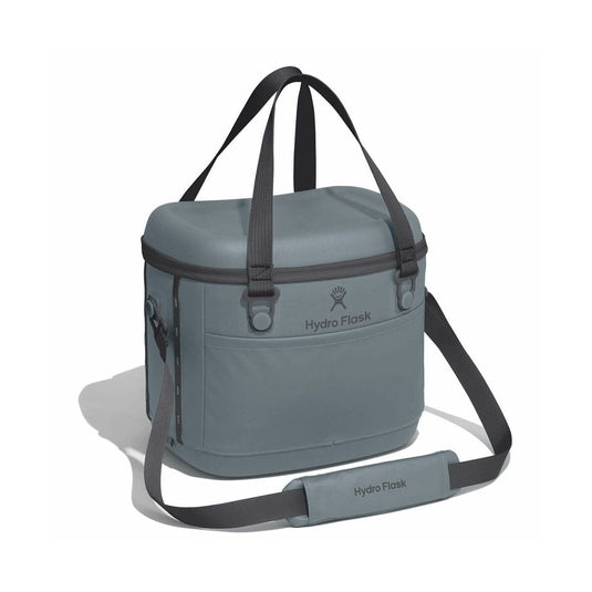 Blue-grey cooler bag with Hydro Flask logo on a white background