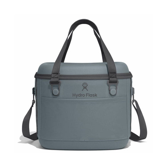 Blue-grey cooler bag with Hydro Flask logo on a white background