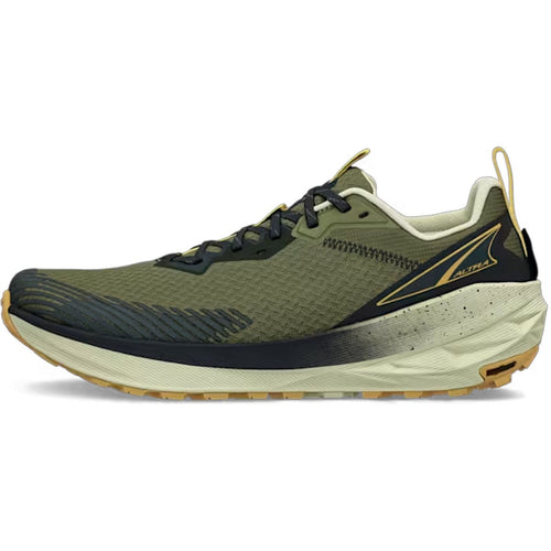 Green running shoe with black and beige accents on a white background