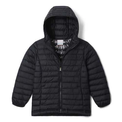 Black puffer jacket with a hood on a white background