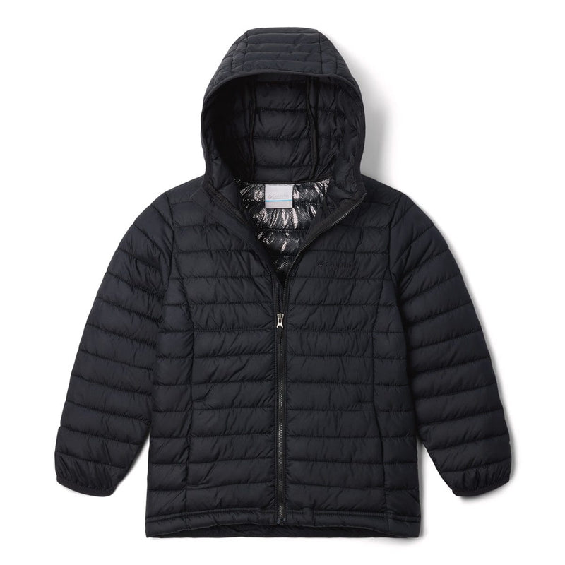 Load image into Gallery viewer, Black puffer jacket with a hood on a white background
