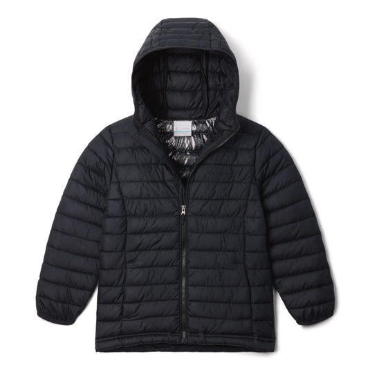 Black puffer jacket with a hood on a white background