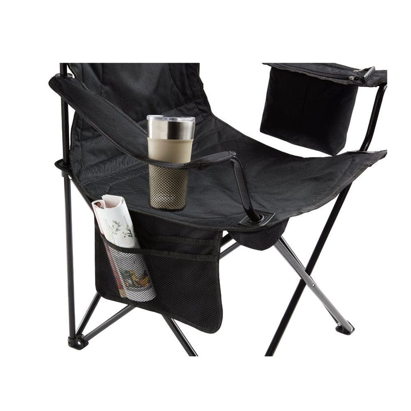 Load image into Gallery viewer, Black camping chair with cup holder, tray, and magazine rack on a white background
