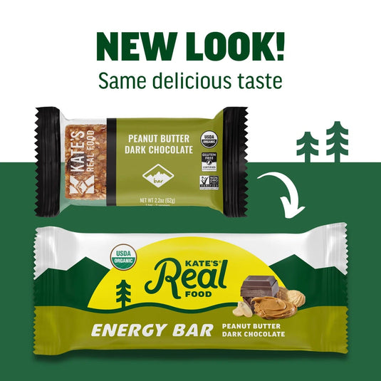Two versions of Kate's Real Food energy bar packaging with a green background and trees.