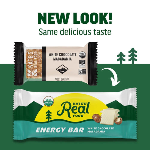 Two energy bar packages side by side with text indicating a new look and same delicious taste.
