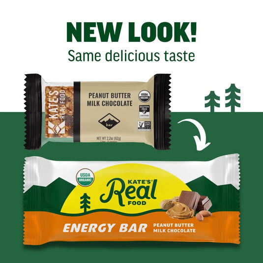 Two versions of a Kate's Real Food energy bar packaging with a green background and trees.