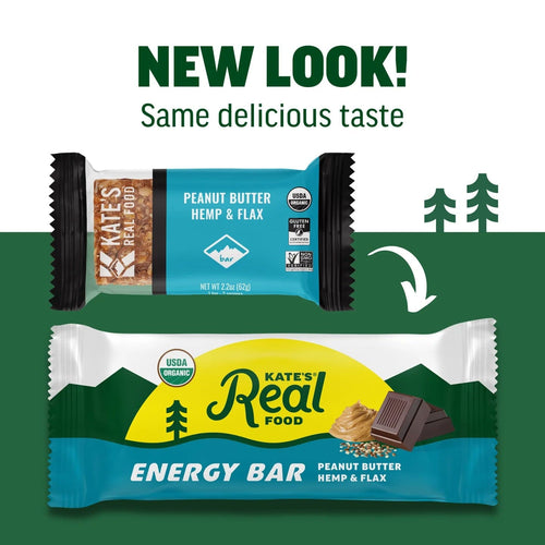 Two packaging designs of Kate's Real Food energy bars with a green background and trees.