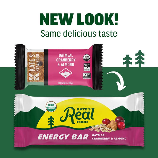 Two versions of Kate's Real Food energy bar packaging with a green background and trees.