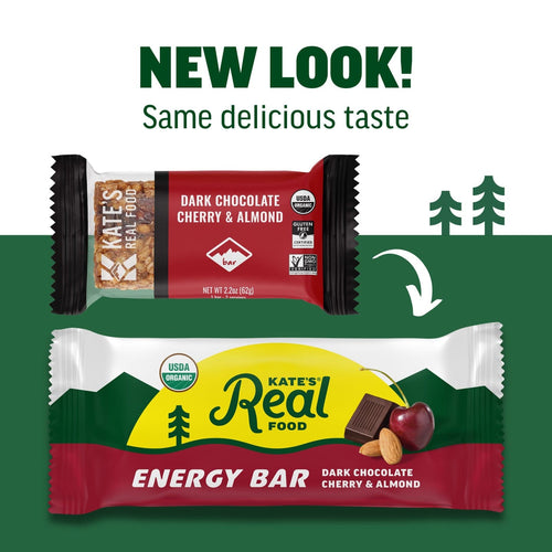 Two versions of Kate's Real Food energy bar packaging with a green background and trees.