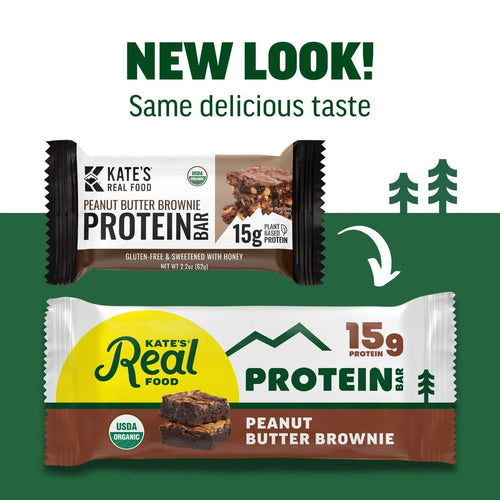 Two versions of Kate's Real Food Peanut Butter Brownie Protein Bar with a green background and text indicating 'New Look! Same delicious taste'.