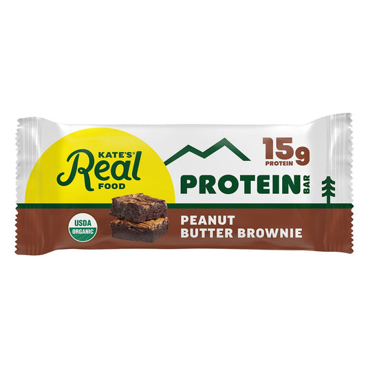 Protein bar packaging with 'Kate's Real Food' branding on a white background