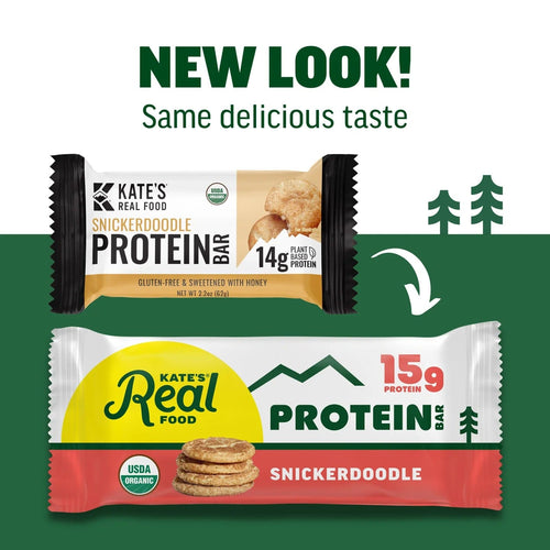 Two protein bars with 'Kate's Real Food' branding on a green background.
