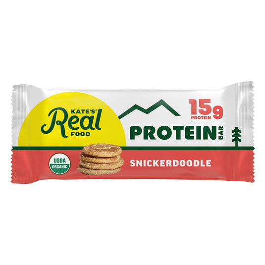 Protein bar packaging with 'Kate's Real Food' branding on a white background