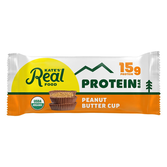 Protein bar packaging with 'Kate's Real Food' branding on a white background