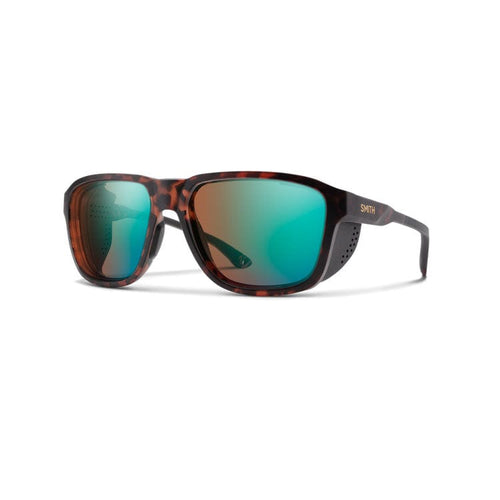 Sunglasses with tortoiseshell frame and green mirrored lenses on a white background