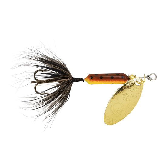 Fishing lure with gold blade, black and orange body on a white background