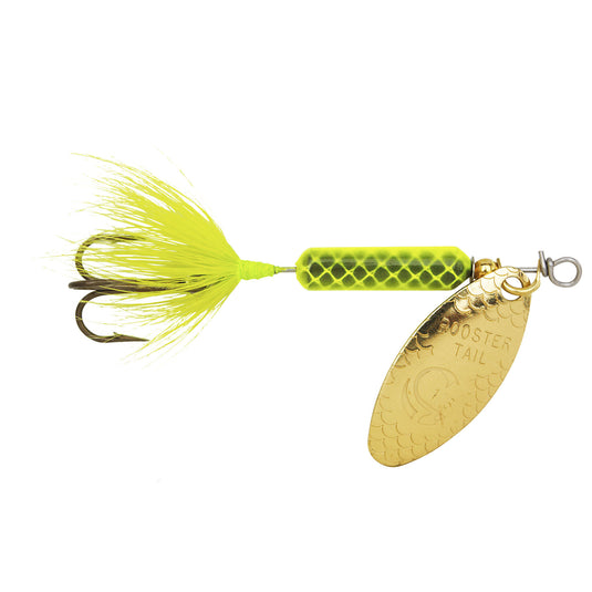 Fishing lure with a gold blade and green body on a white background