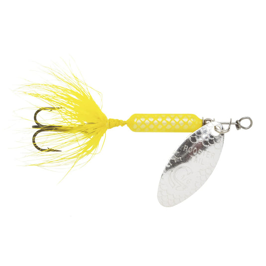 Yellow and silver fishing lure on a white background
