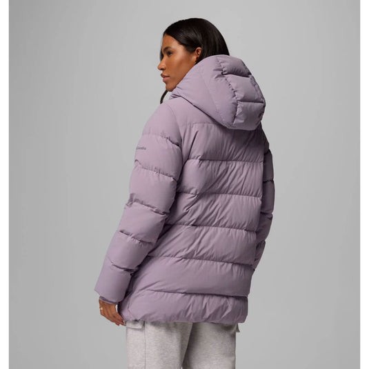 Person wearing a purple puffer jacket on a gray background