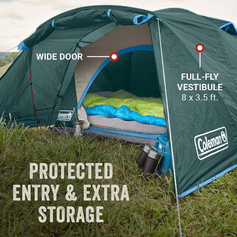 Load image into Gallery viewer, Coleman tent with features highlighted on a grassy background
