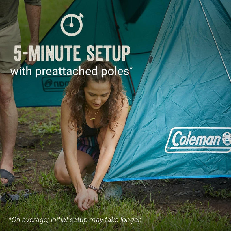 Load image into Gallery viewer, Woman setting up a Coleman tent with text indicating 5-minute setup.
