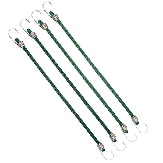 Set of green bungee cords with metal hooks on a white background