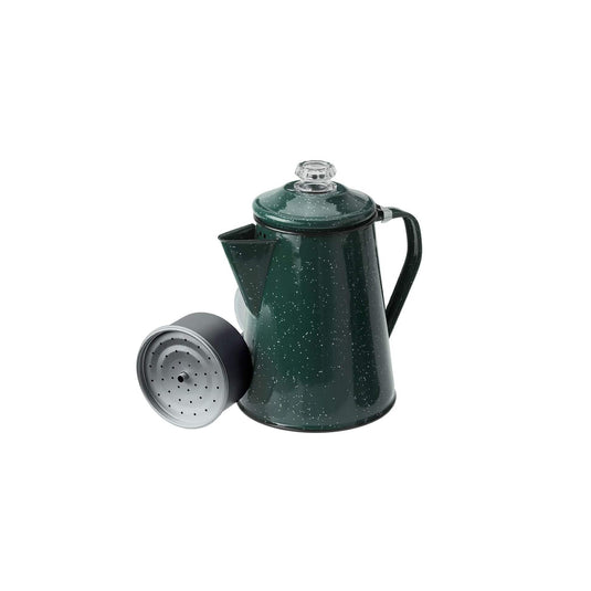 Green speckled coffee percolator with a lid on a white background