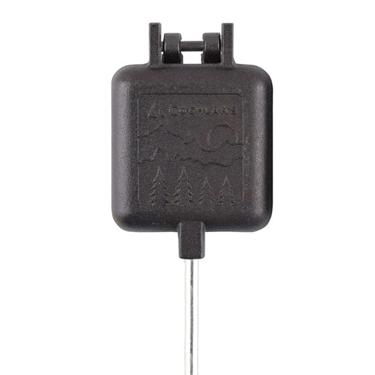 Black outdoor thermometer with a brand logo on a white background