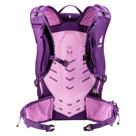 Purple hydration backpack with a geometric pattern on a white background