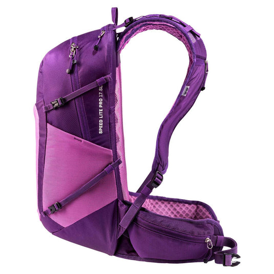 Purple and pink backpack with visible brand name on a white background