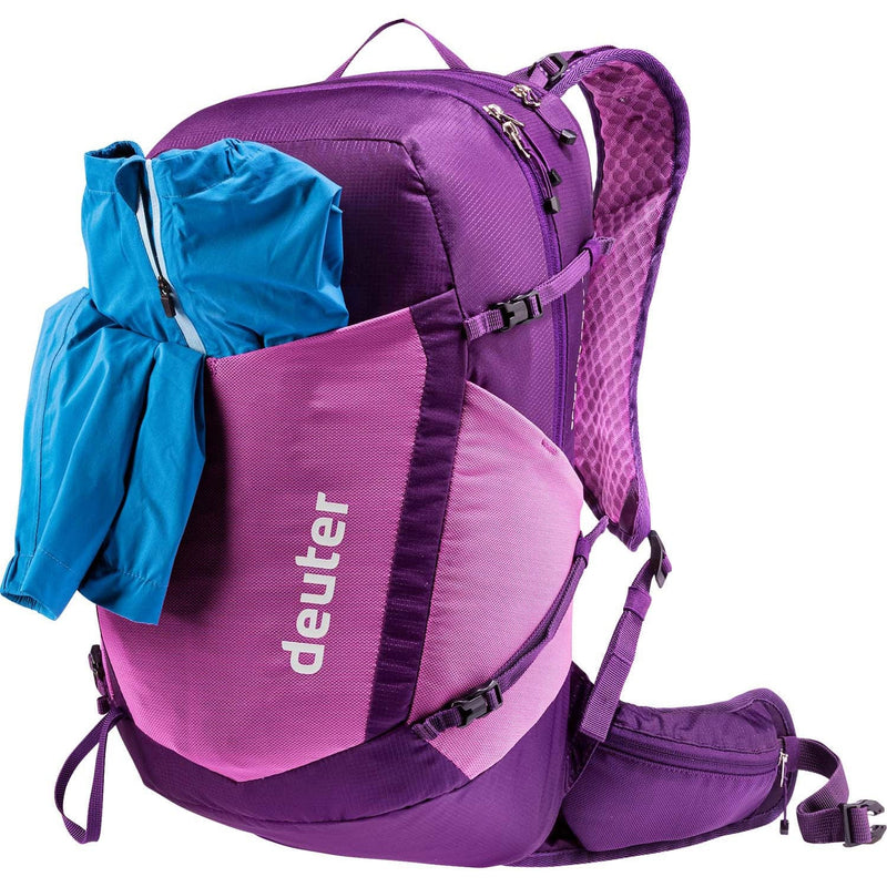 Load image into Gallery viewer, Purple and pink Deuter backpack with blue cover on a white background
