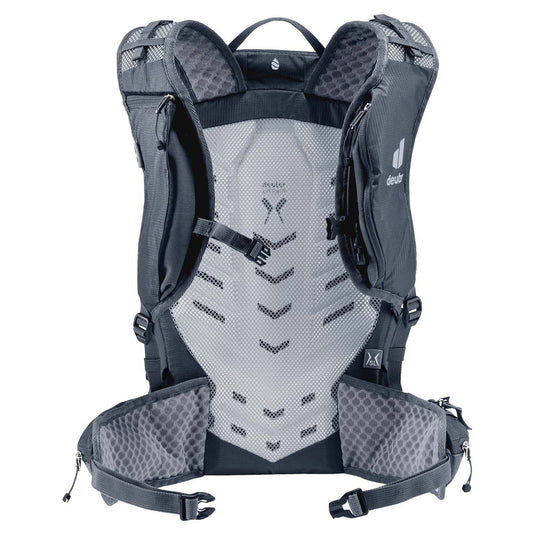 Gray hiking backpack with mesh panels on a white background