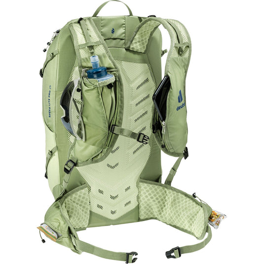 Green hydration backpack with water bottle and phone pocket on a white background