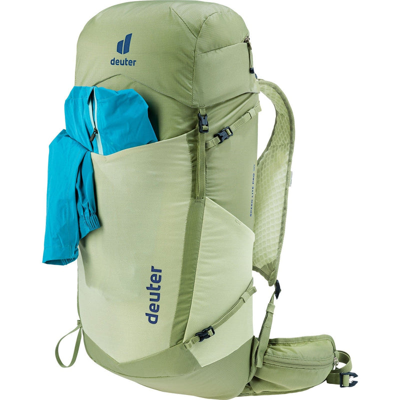 Load image into Gallery viewer, Green Deuter backpack with a blue garment on a white background

