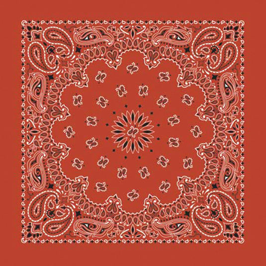 A square red bandana featuring a detailed white and black paisley pattern with a central floral medallion.
