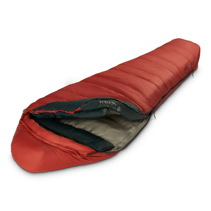 Load image into Gallery viewer, Red sleeping bag with black interior on a white background
