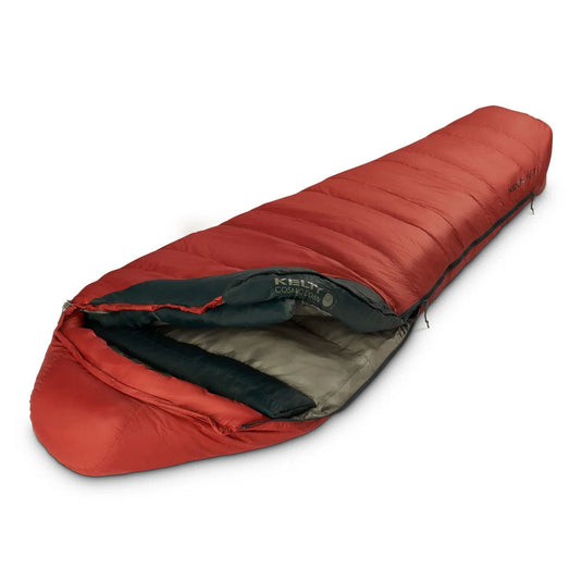 Red sleeping bag with black interior on a white background