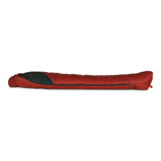 Red sleeping bag with black interior on a white background