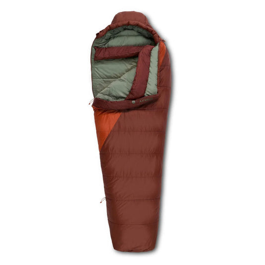 Brown and green sleeping bag on a white background