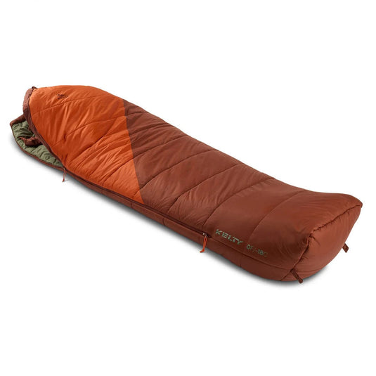 Orange and brown sleeping bag on a white background