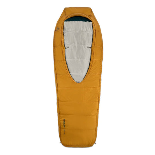 Yellow sleeping bag with gray interior on a white background