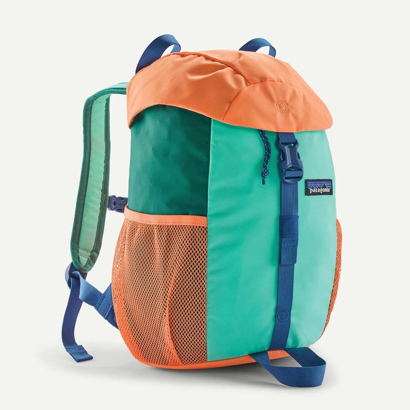 Load image into Gallery viewer, Colorful backpack with orange green and teal sections on a white background
