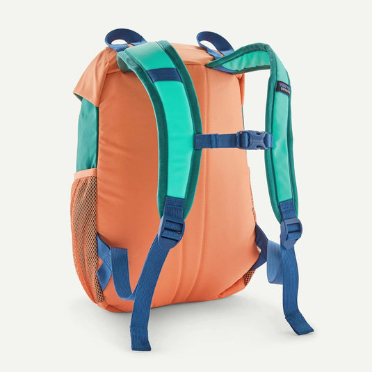 Orange backpack with green and blue straps on a white background