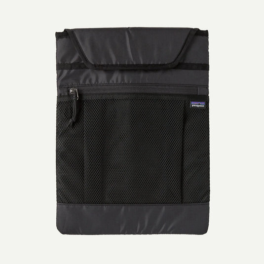 Black mesh pouch with a zipper compartment on a white background