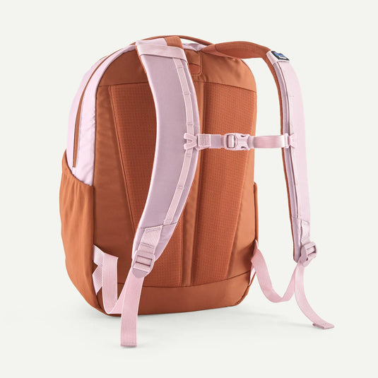 orange backpack with pink straps on a white background