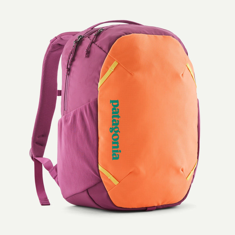 Load image into Gallery viewer, Purple and orange backpack with Patagonia logo on a white background
