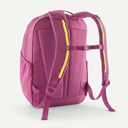 Pink backpack with yellow accents on a white background