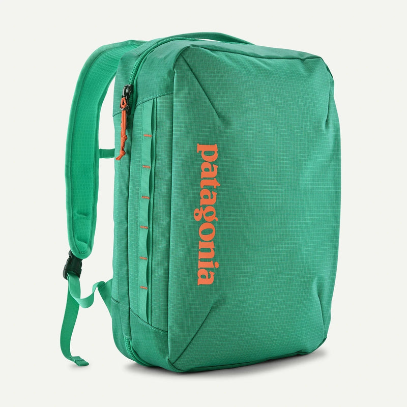Load image into Gallery viewer, aqua-Green Patagonia backpack with orange logo on a white background
