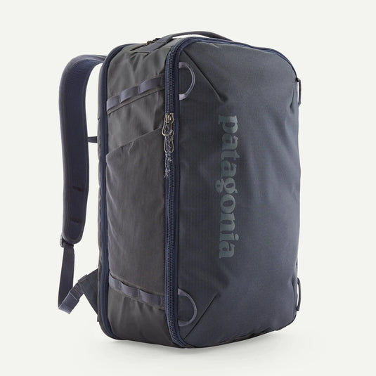 Navy and Gray backpack with Patagonia branding on a white background