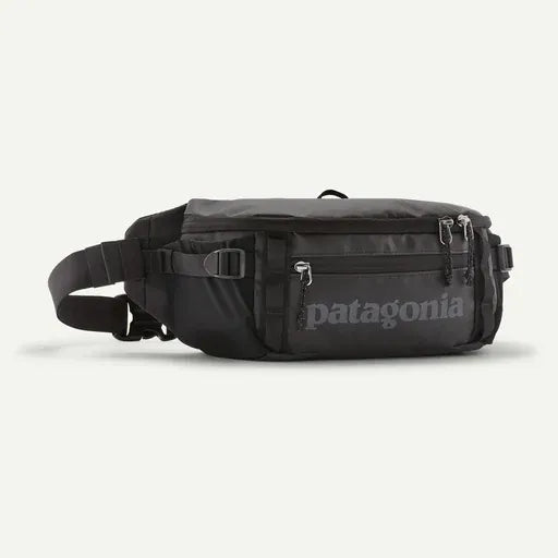 Black waist bag with Patagonia logo on a light gray background